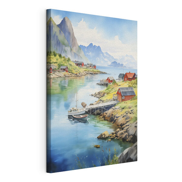 Watercolor of a river with a boat and houses on it Watercolor of a river with a boat and houses on it