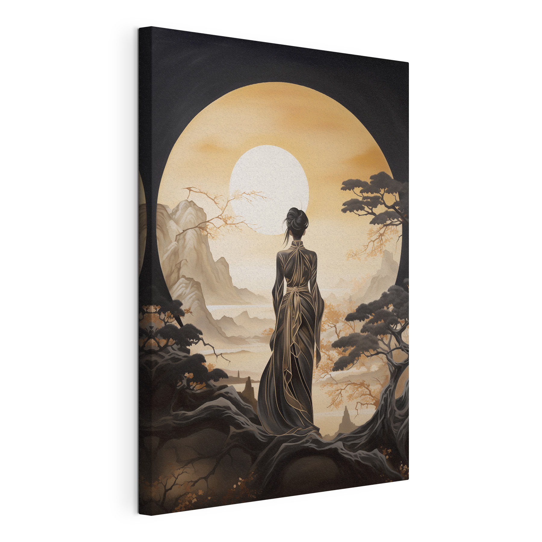 Woman in a long dress looking at the sun Woman in a long dress looking at the sun