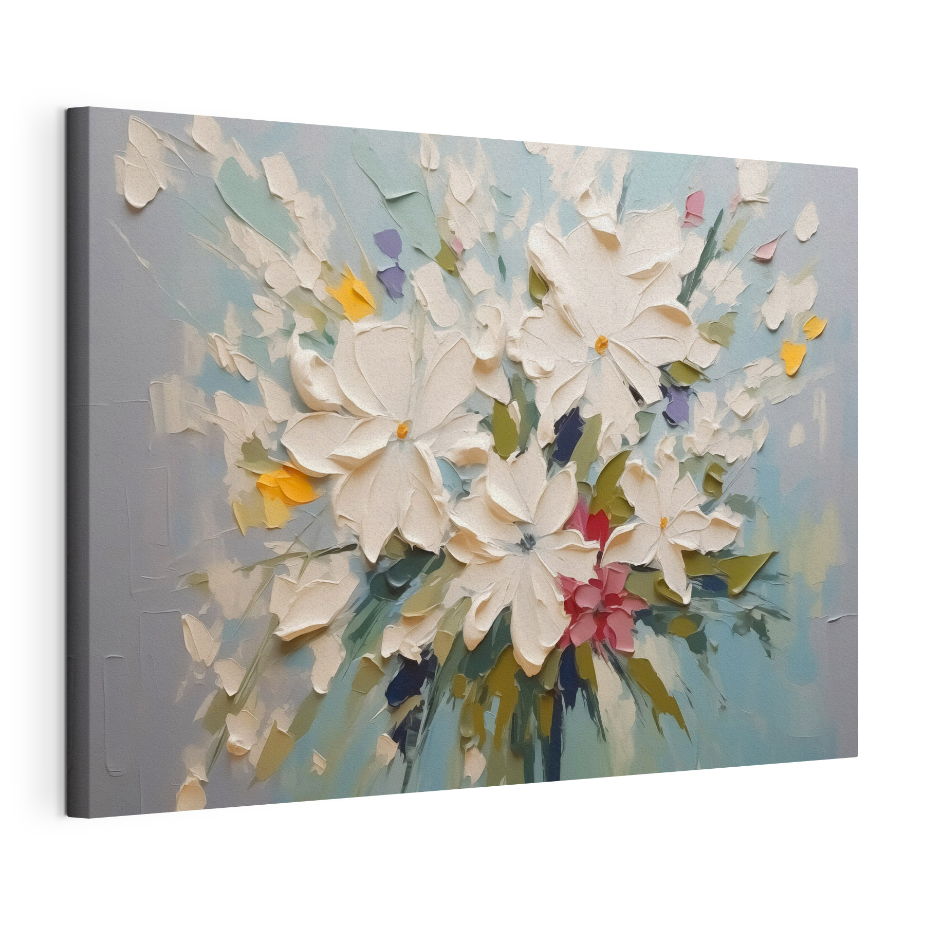 Painting of flowers on a blue surface