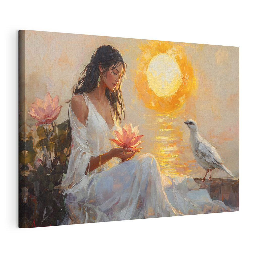 Painting of a woman holding a flower and a bird