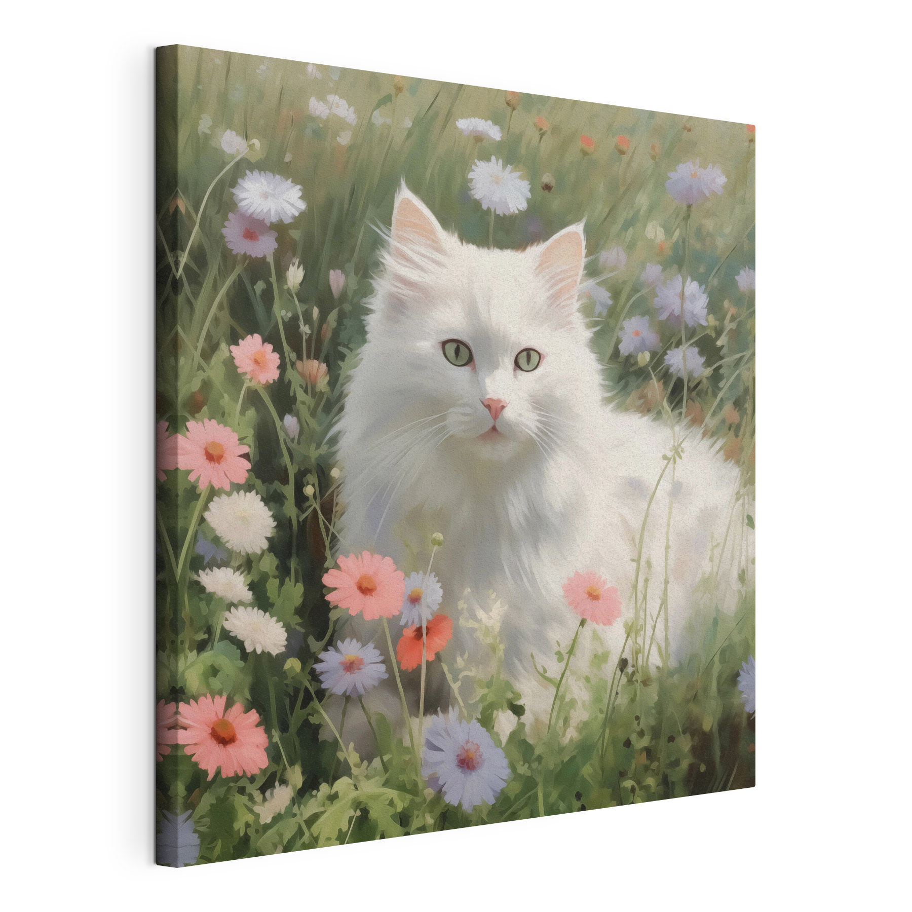 White cat in a field of flowers