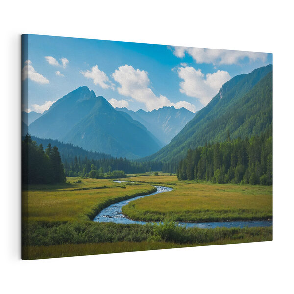 Tablouri Râu care curge printr-o vale cu munți în fundal