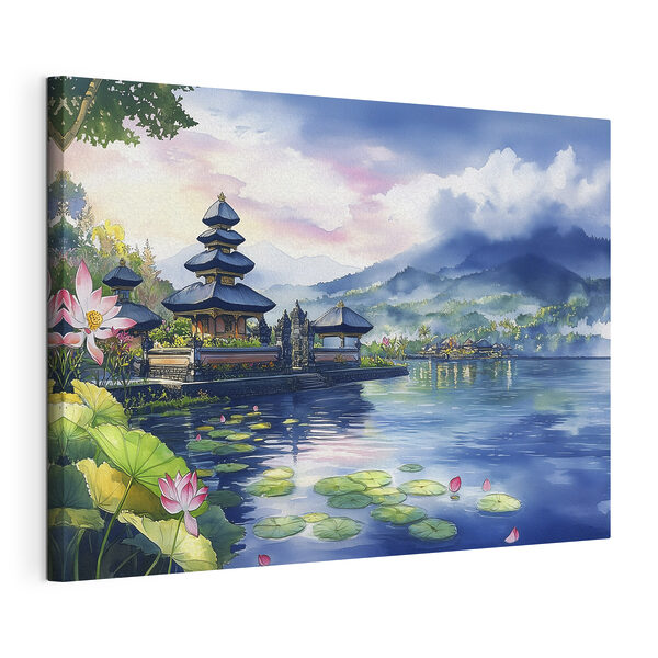 Pictură în acuarelă a unui lac cu o pagodă și nuferi Tablouri Pictură în acuarelă a unui lac cu o pagodă și nuferi