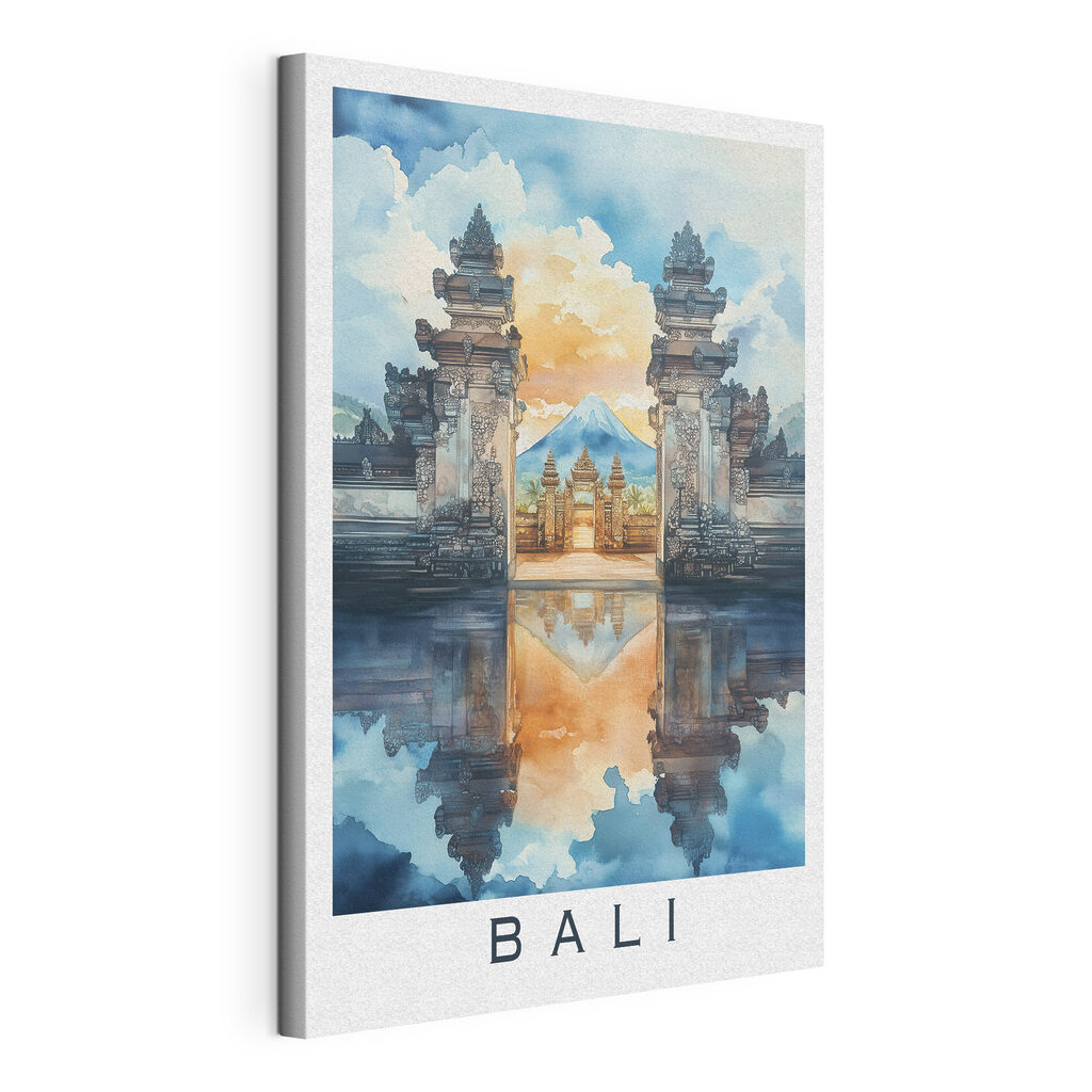 Watercolor painting of a temple with a mountain in the background