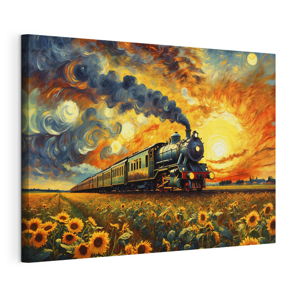 Train on the tracks with sunflowers and smoke coming out of the engine Train on the tracks with sunflowers and smoke coming out of the engine