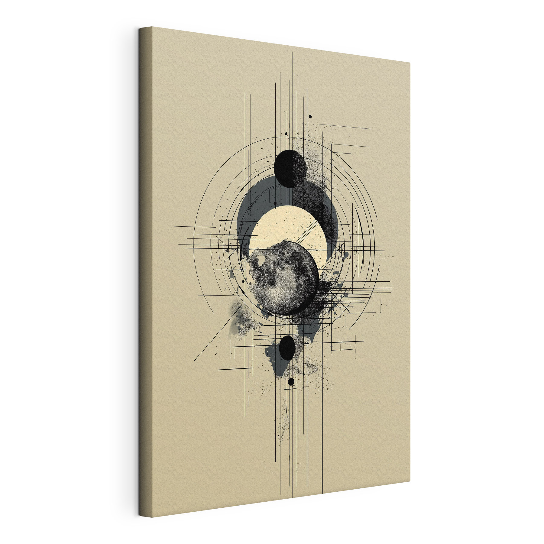 Black and white drawing of a moon and circles Black and white drawing of a moon and circles
