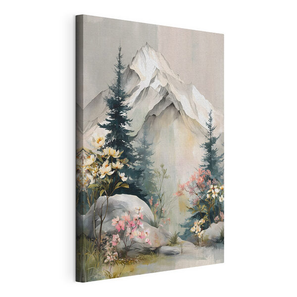 Painting of a mountain with trees and flowers