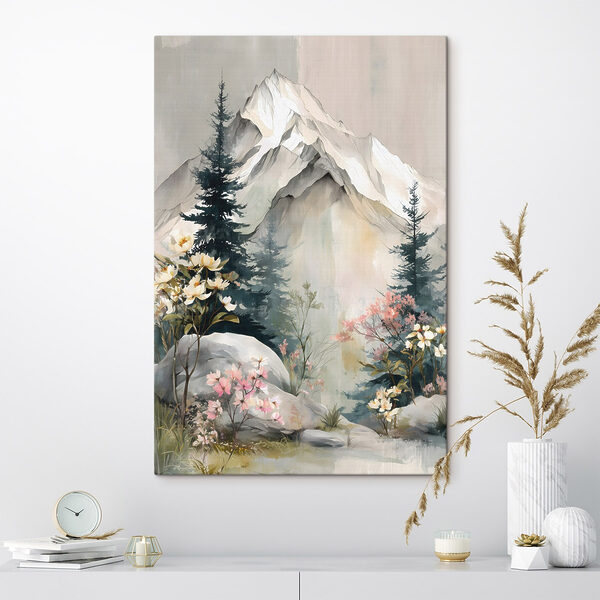 Painting of a mountain with trees and flowers