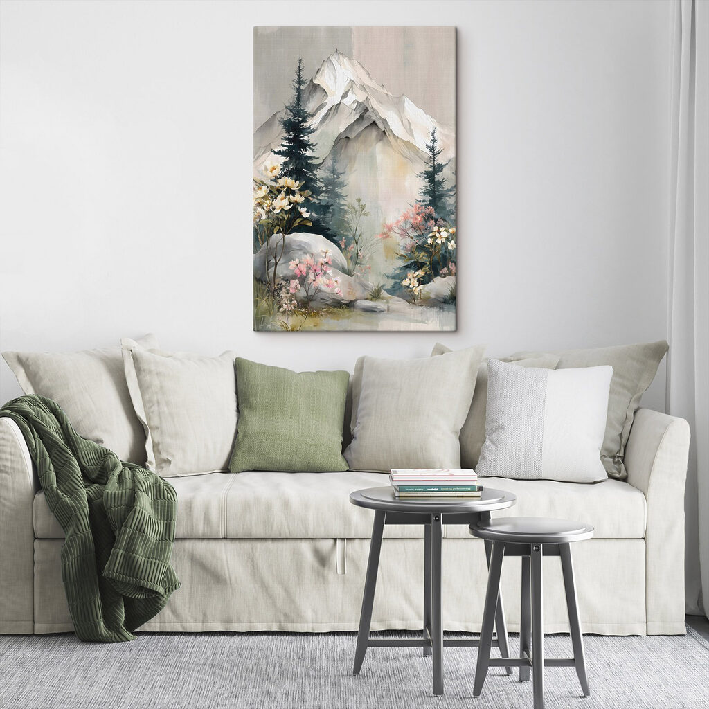 Painting of a mountain with trees and flowers