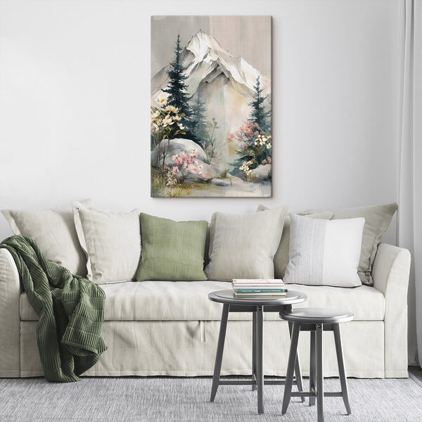 Painting of a mountain with trees and flowers