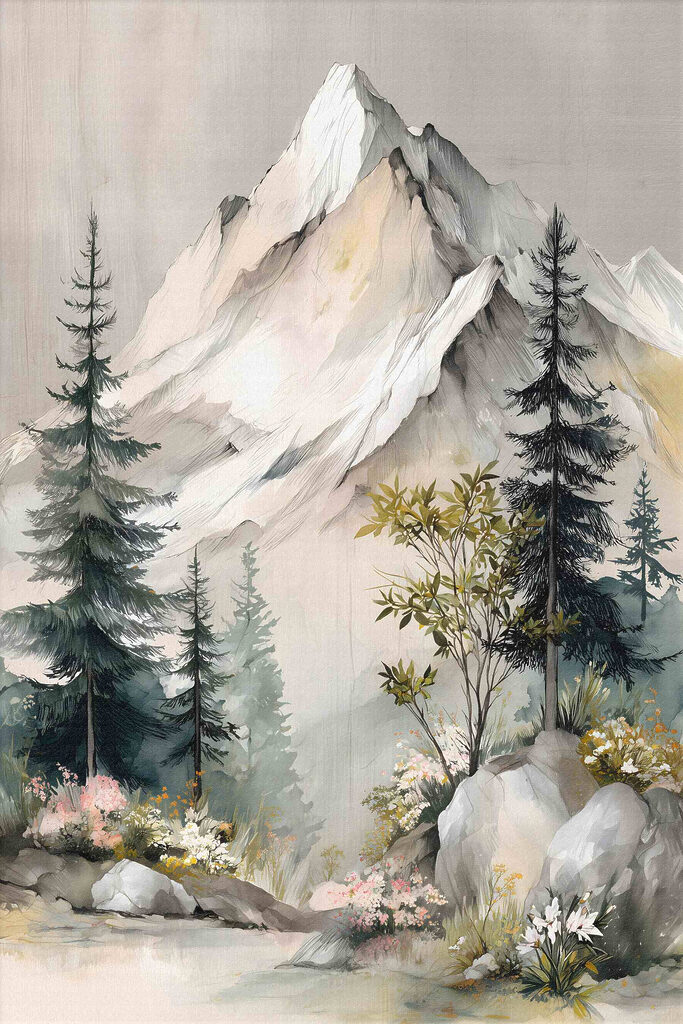 Painting of a mountain with trees and flowers Painting of a mountain with trees and flowers