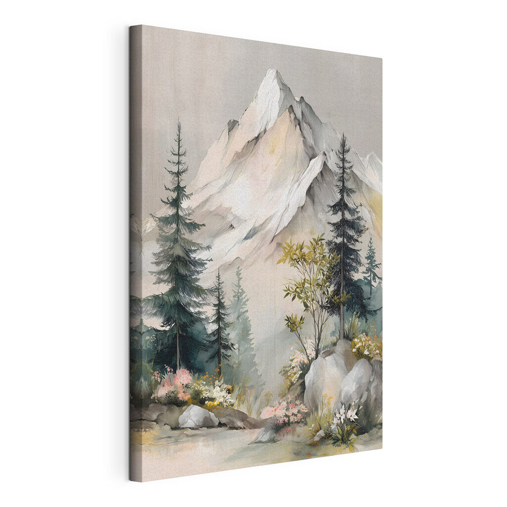 Painting of a mountain with trees and flowers Painting of a mountain with trees and flowers
