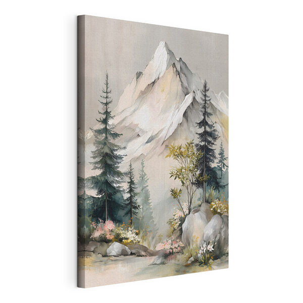 Painting of a mountain with trees and flowers Painting of a mountain with trees and flowers