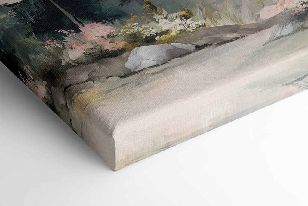 Painting of a mountain with trees and flowers Painting of a mountain with trees and flowers