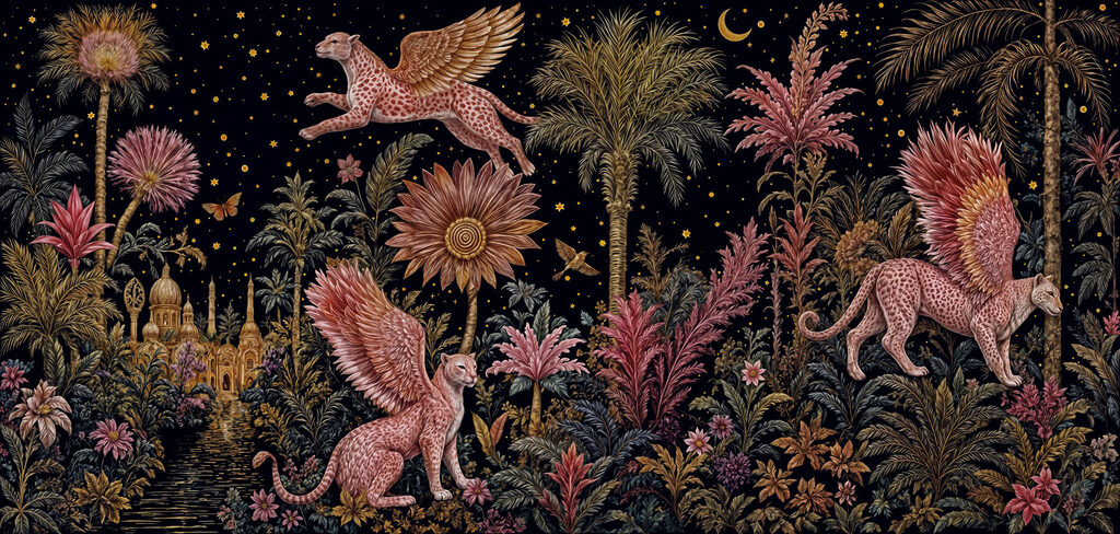 Painting of a cat and leopard with wings and flowers Painting of a cat and leopard with wings and flowers