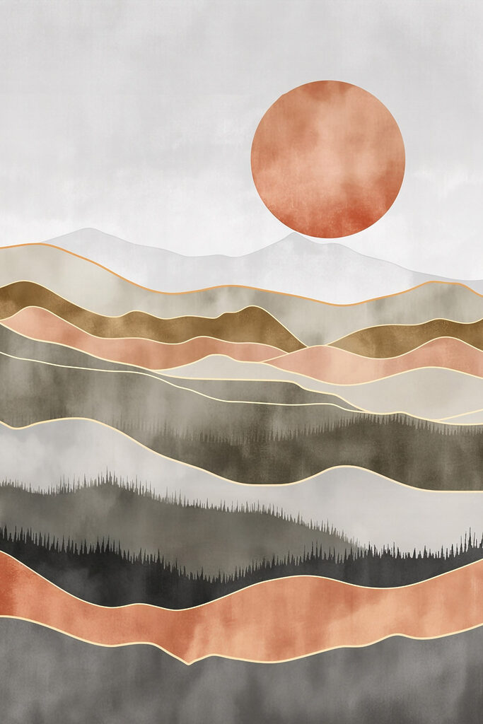 Painting of hills and sun