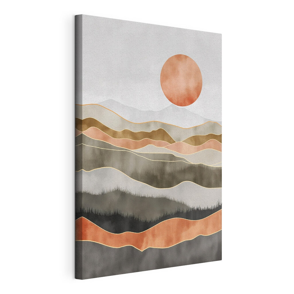 Painting of hills and sun