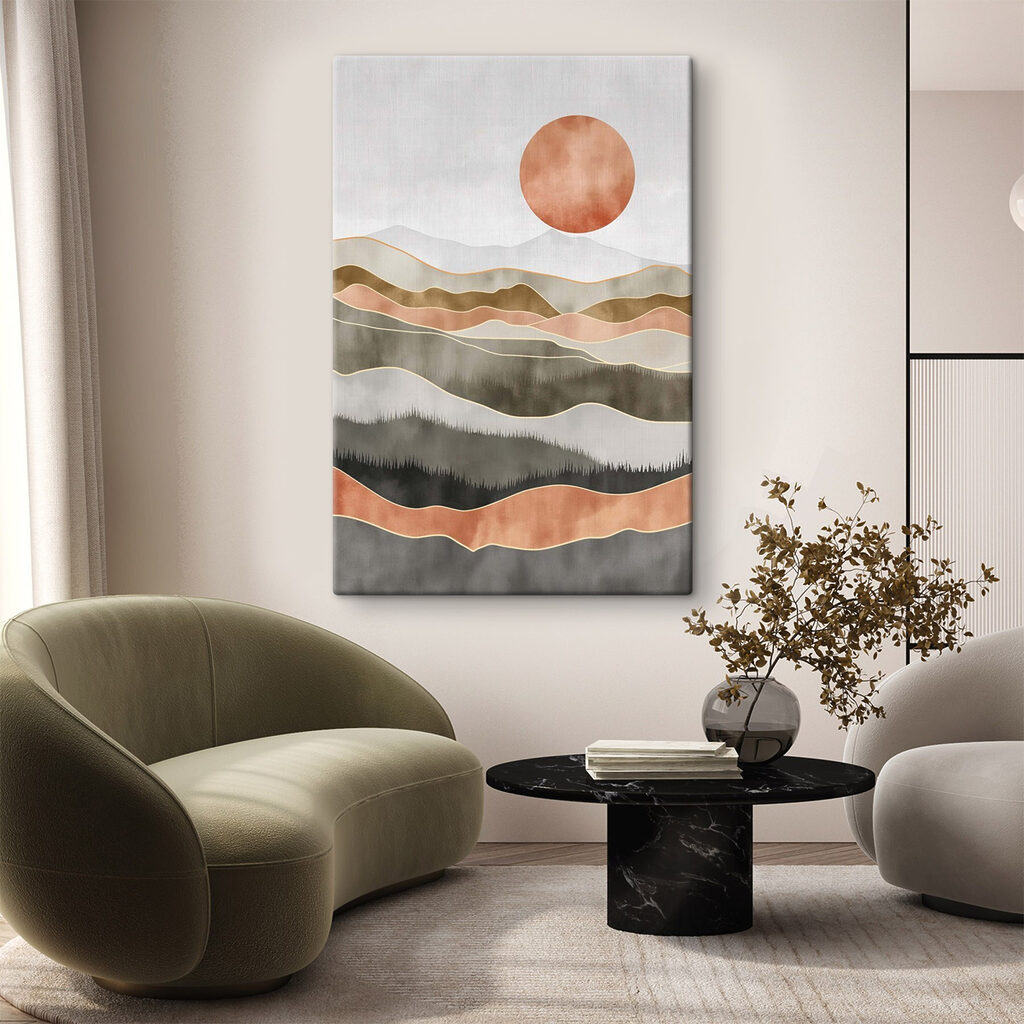 Painting of hills and sun