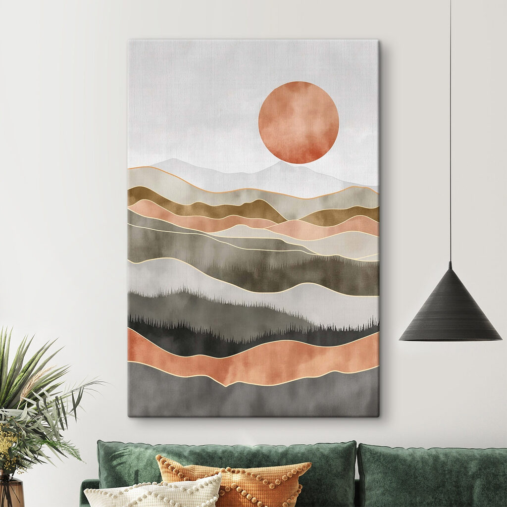 Painting of hills and sun