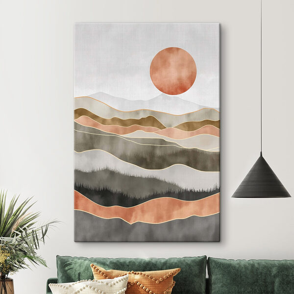 Painting of hills and sun