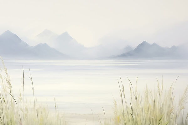 Foggy landscape with mountains and water Foggy landscape with mountains and water