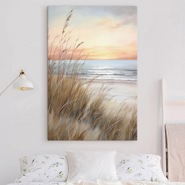 Painting of a beach with tall grass and water Painting of a beach with tall grass and water