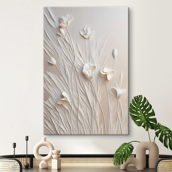 White flowers and leaves on a white surface White flowers and leaves on a white surface