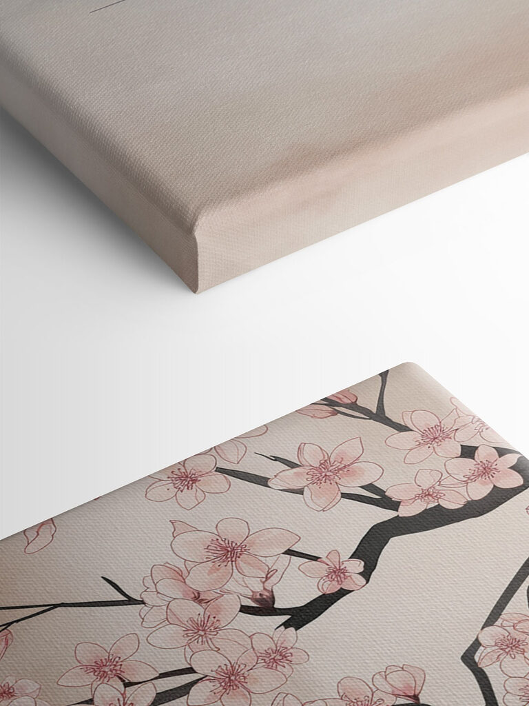 Painting of a tree branch with pink flowers