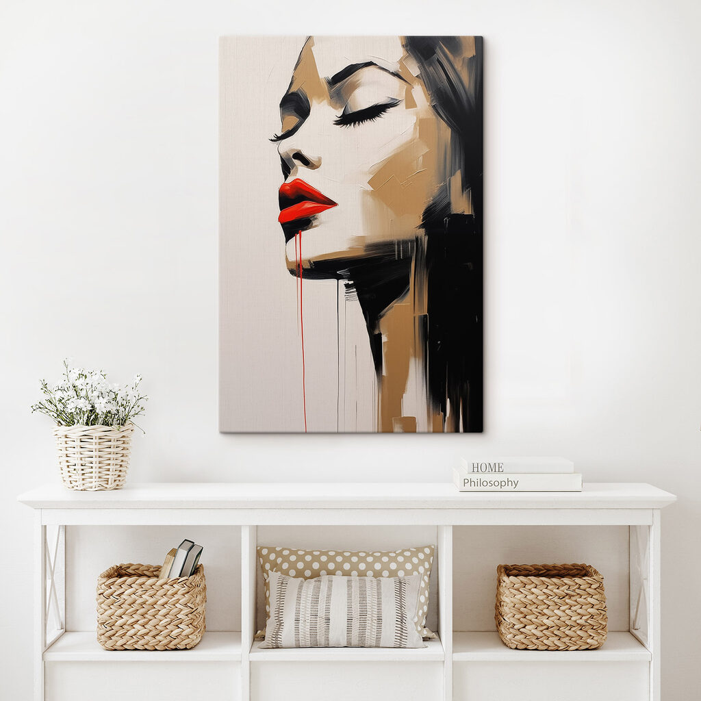 Painting of a woman with red lips and red lipstick
