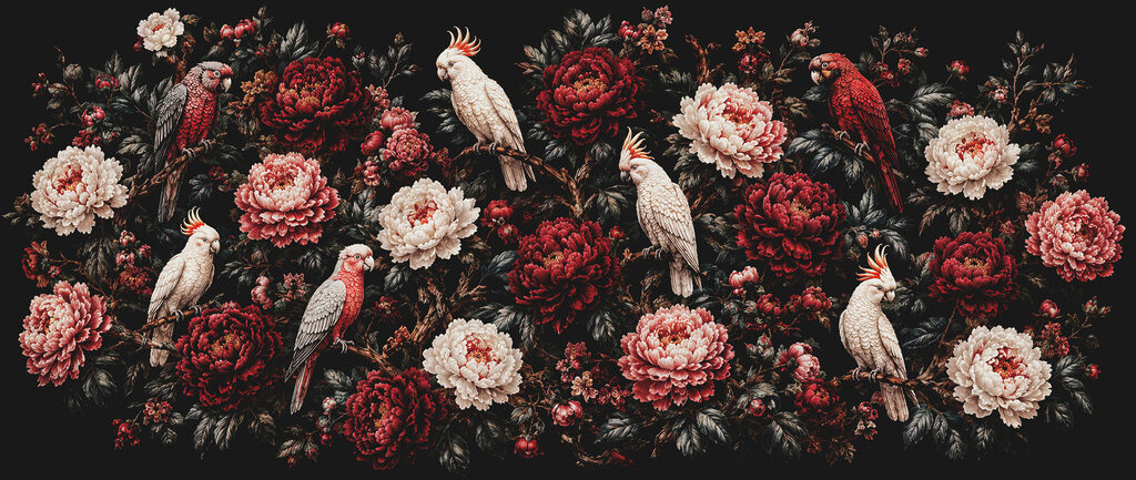 Painting of birds on a branch with flowers Painting of birds on a branch with flowers