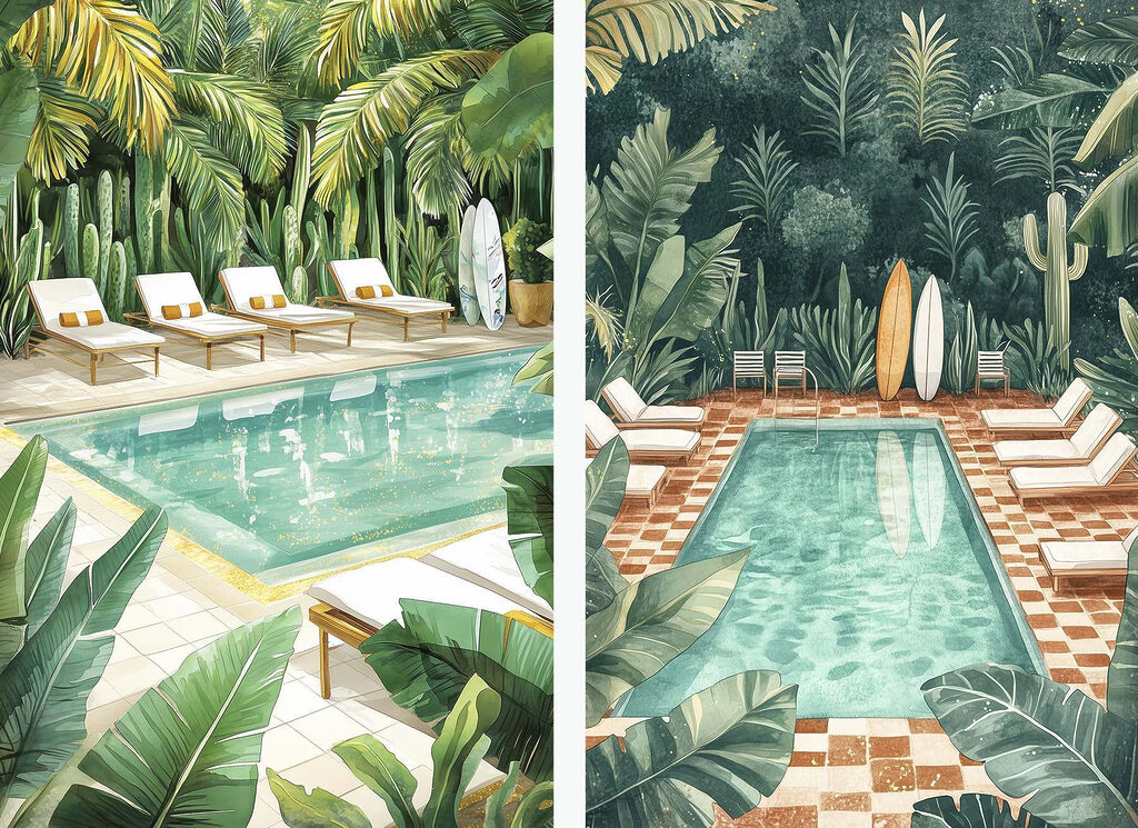 Pool and lounge chairs in a tropical area