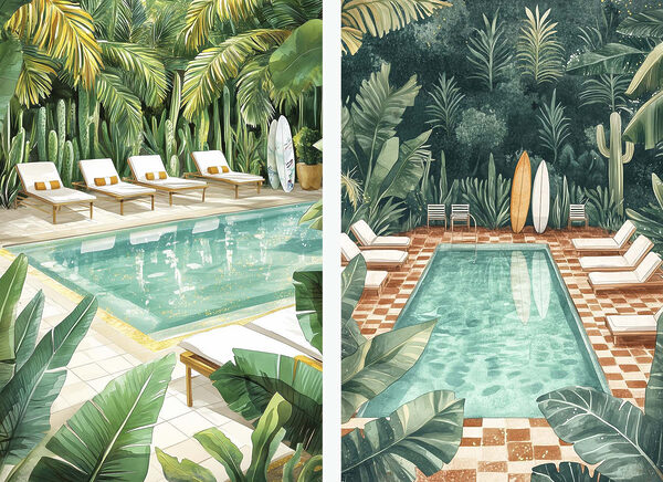 Pool and lounge chairs in a tropical area
