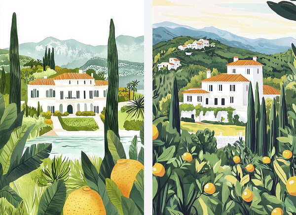 Painting of a house and a river