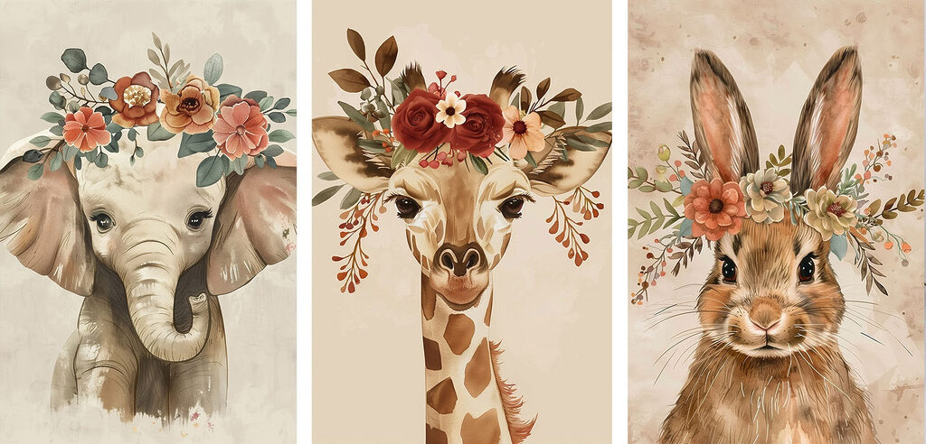 Collage of animals with flowers on their heads