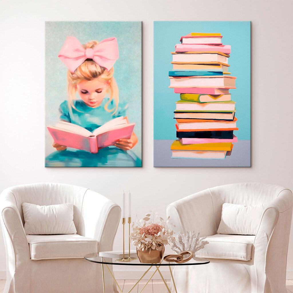 Girl reading a book and a stack of books