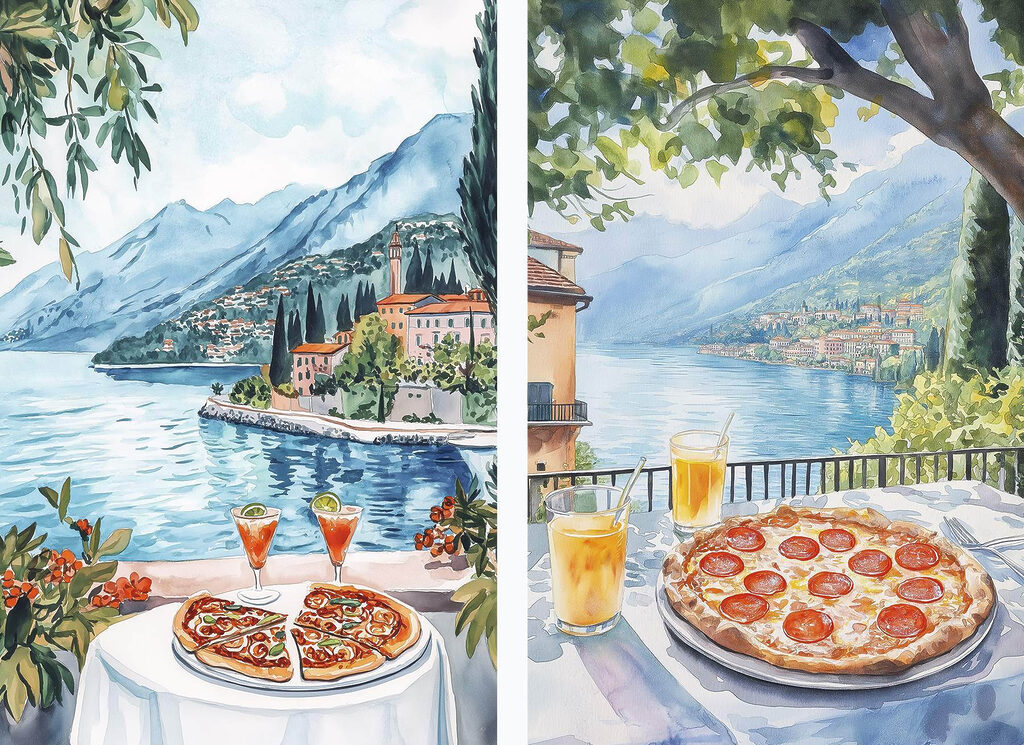 Watercolor painting of a table with pizzas and drinks on it