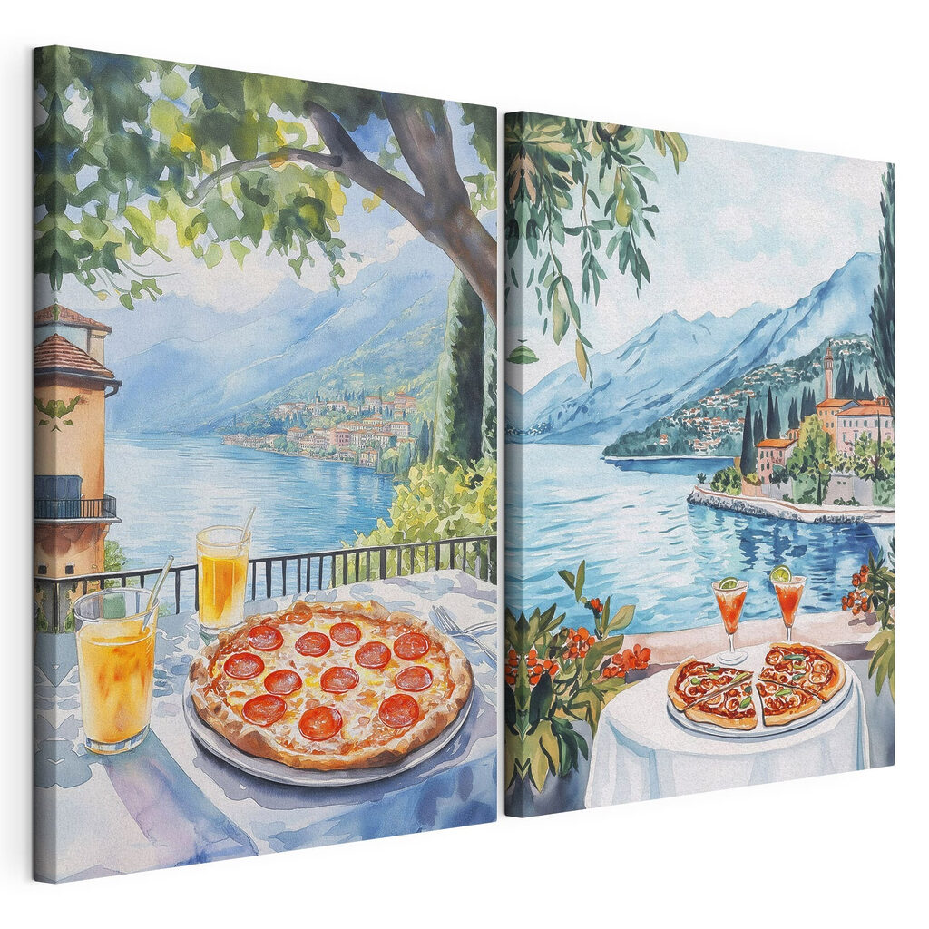 Watercolor painting of a table with pizzas and drinks on it