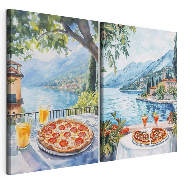 Tablou modular pe pânză Pictură în acuarelă reprezentând o masă pe care se află pizza și băuturi