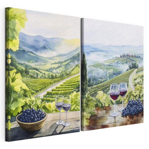 Tablou cu pahare de vin și struguri pe o masă Tablou modular pe pânză Tablou cu pahare de vin și struguri pe o masă