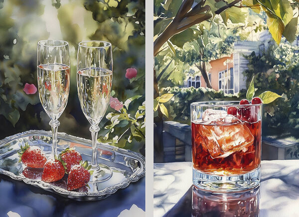 Watercolor painting of glasses of wine and strawberries