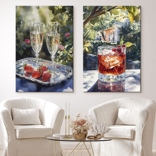 Watercolor painting of glasses of wine and strawberries