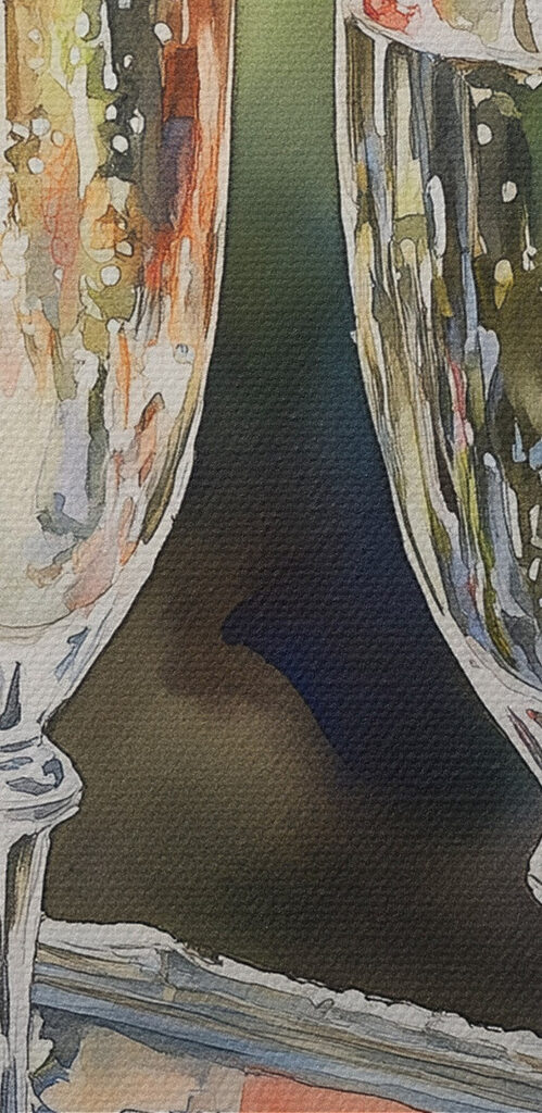 Watercolor painting of glasses of wine and strawberries