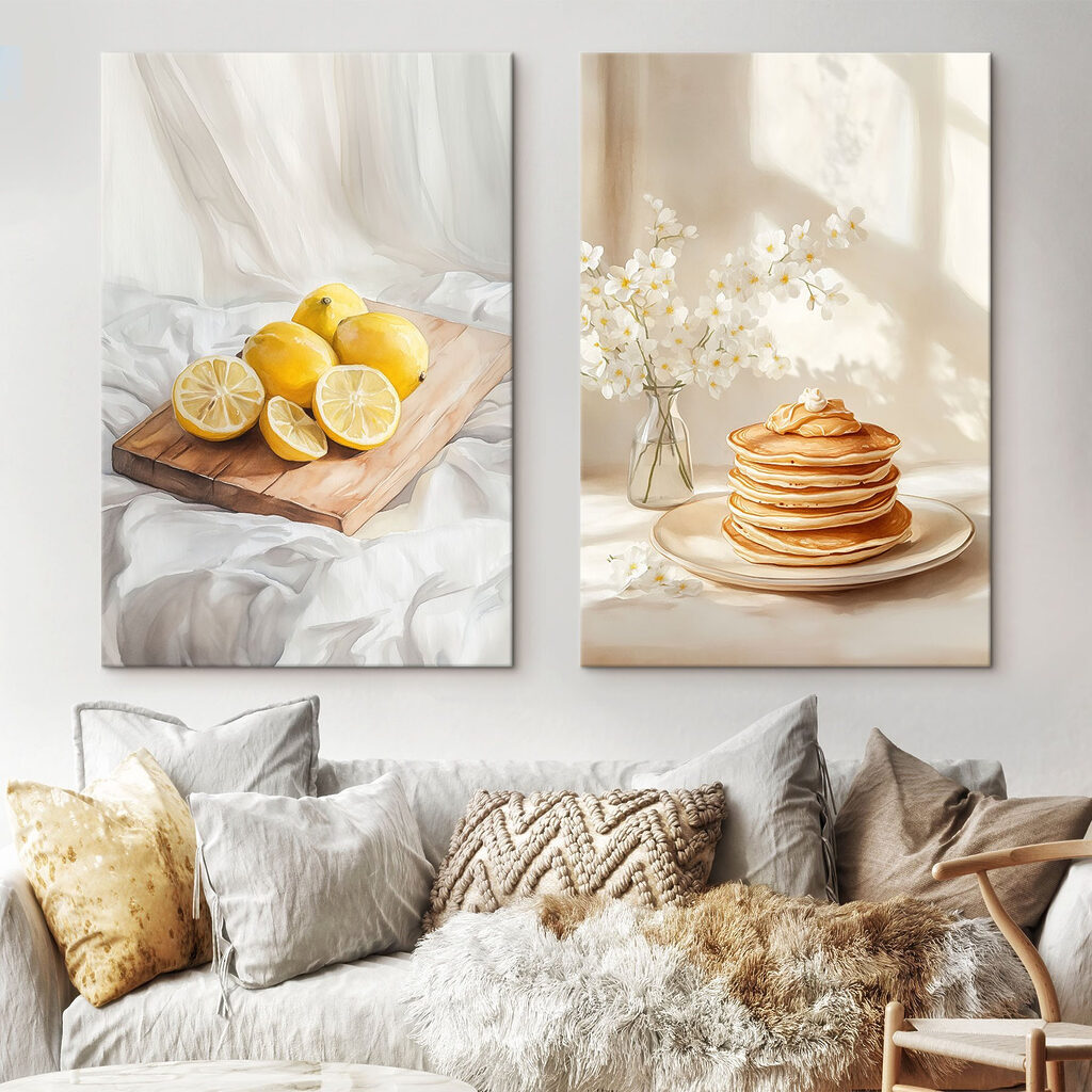 Lemons on a cutting board and a stack of pancakes