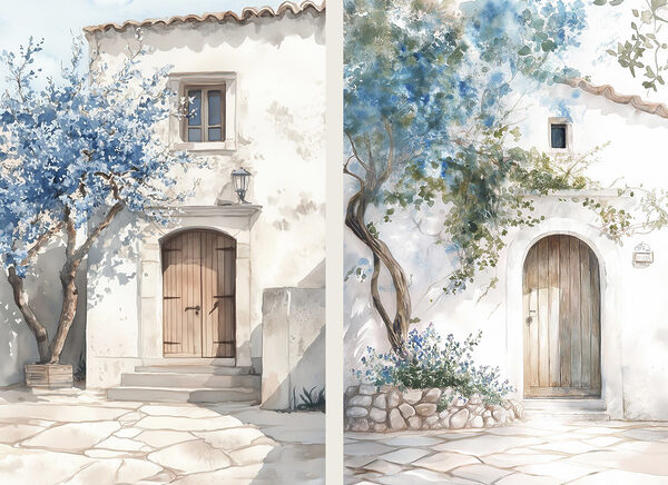 Watercolor painting of a house with a door and a doorway