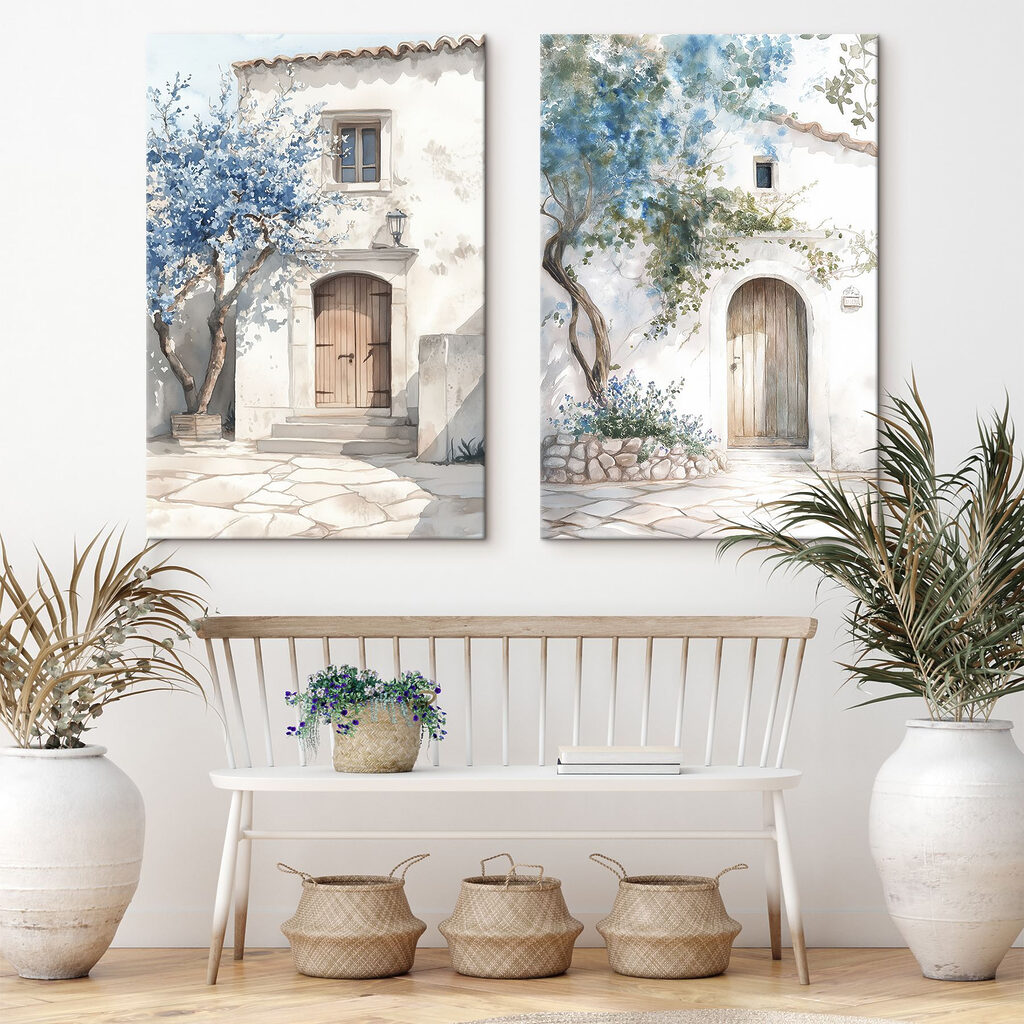 Watercolor painting of a house with a door and a doorway
