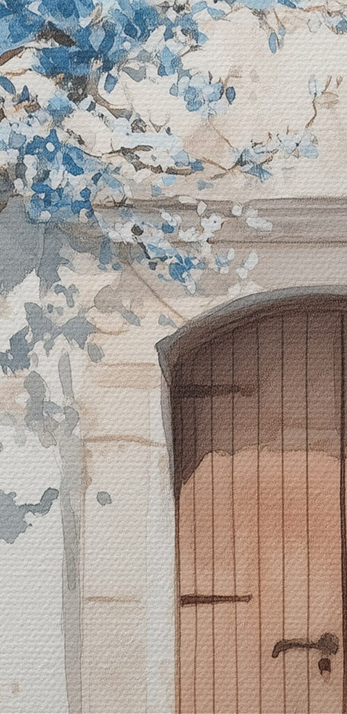 Watercolor painting of a house with a door and a doorway