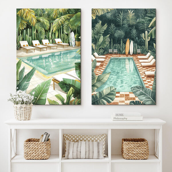 Pool and lounge chairs in a tropical area