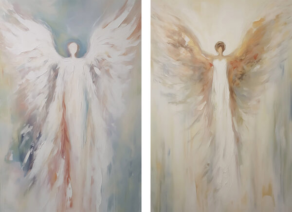 Two paintings of a person with wings