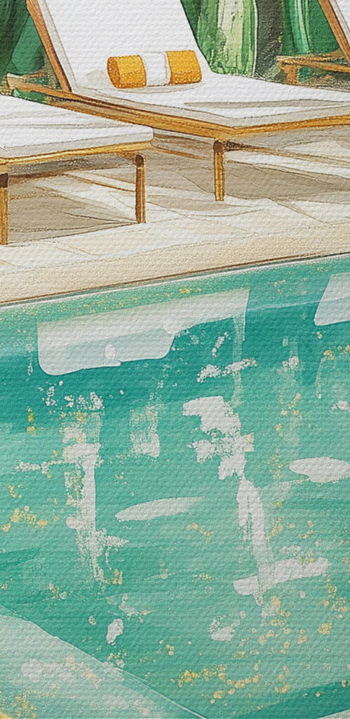 Pool and lounge chairs in a tropical area
