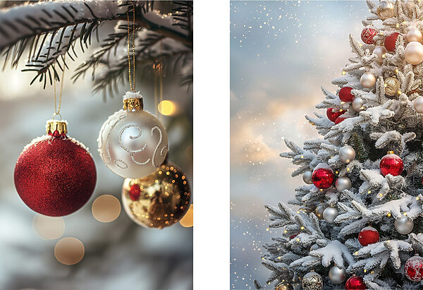 Festive ornaments hang on trees